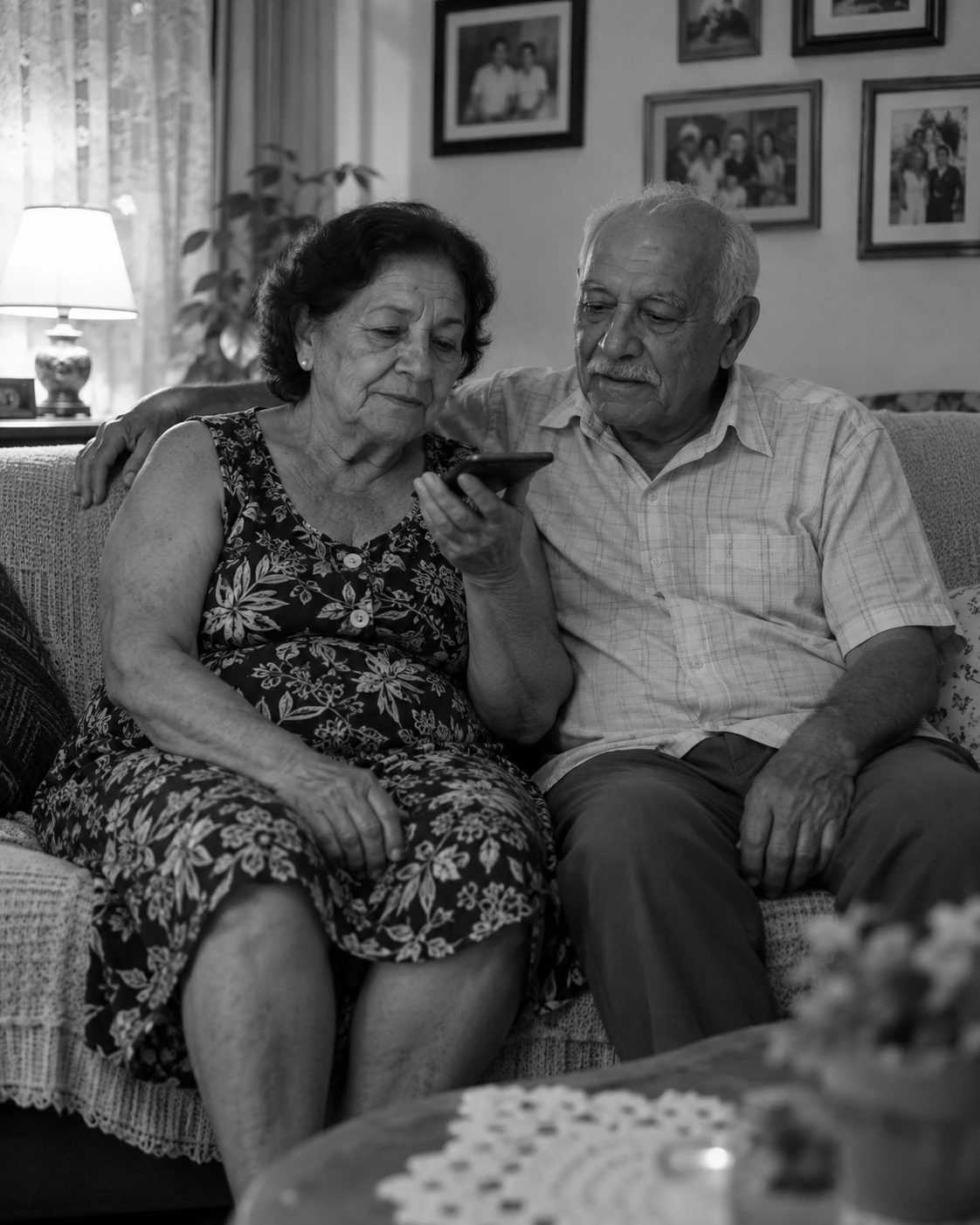 Casal de idosos no sofá ouvindo juntos um áudio no celular