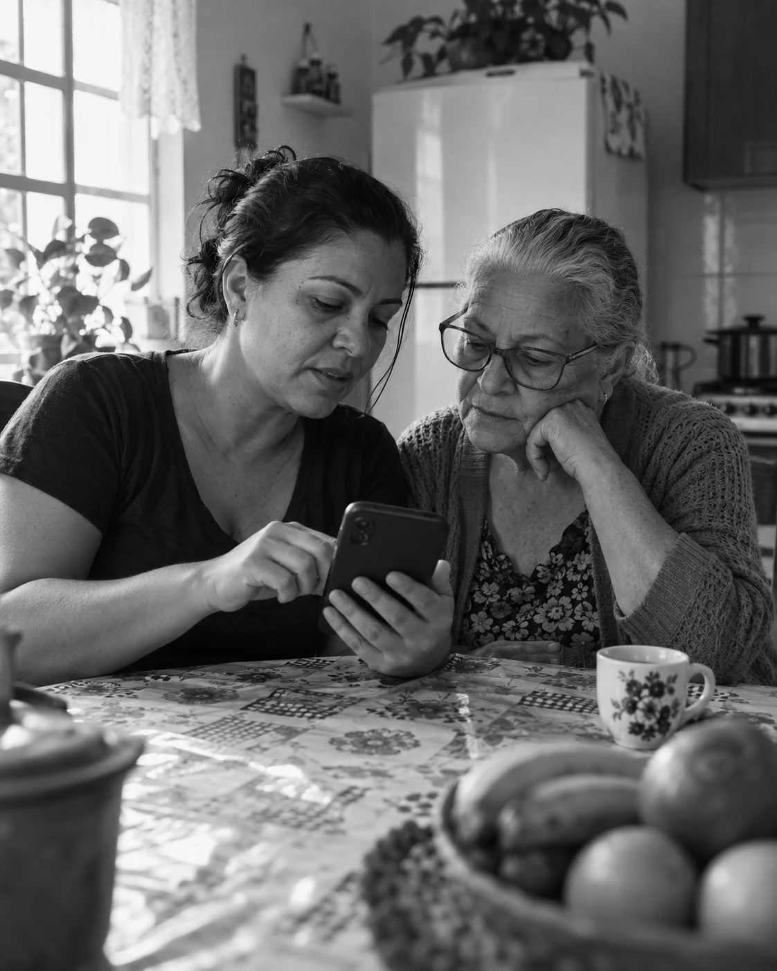 Filha mostra o celular para a mãe na mesa da cozinha