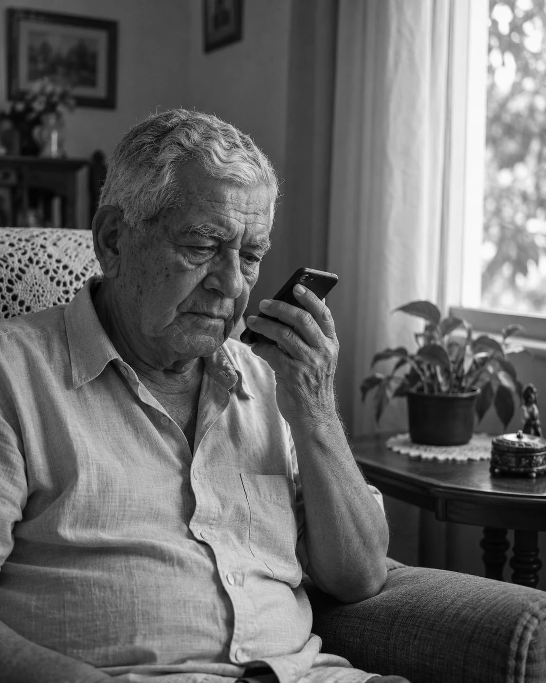 Homem idoso na poltrona ouvindo uma mensagem de voz no celular