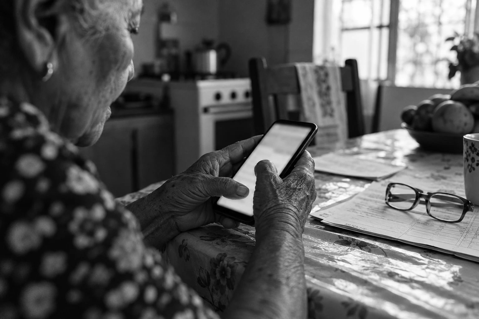 Mãos de uma senhora segurando o celular sobre a mesa, ao lado dos óculos e de contas